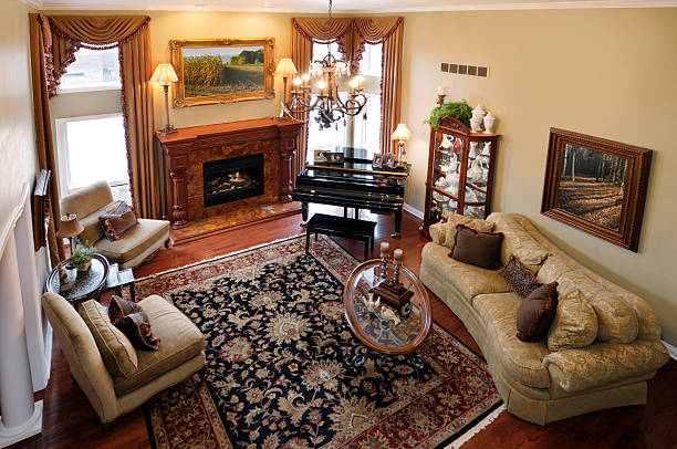 istock Home Interior: Formal Living Room, Piano, Persian Rug, Fire Place 157442224