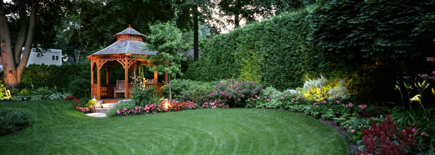 le jardin, de nuit - jardin de la maison photos et images de collection