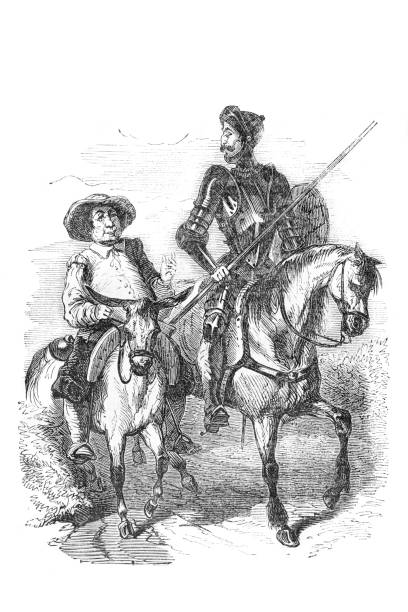 Engraving Don Quixote and Sancho Panza  don quixote stock illustrations