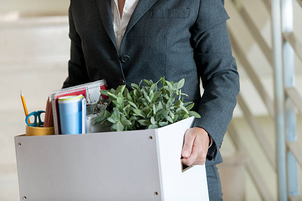 Downsizing Mid Section View of a Businesswoman Holding a Cardboard Box Containing a Large Group of Objects being fired stock pictures, royalty-free photos & images