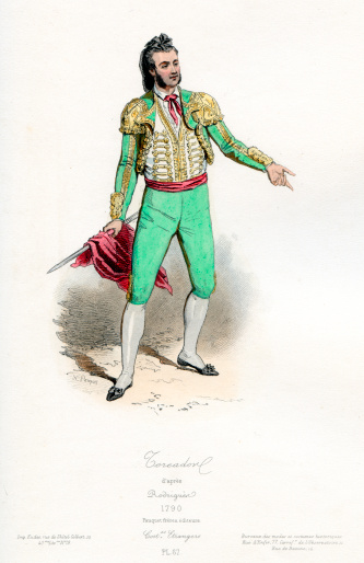 Vintage coloured engraving from 1875 showing the costume of a Bull Fighter Matador  in the 18th century