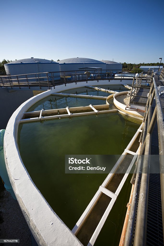 Wide Angle View of Water Purification Plant A water treatment facility in Florida. Sewage Treatment Plant Stock Photo