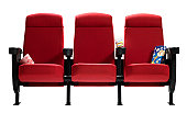 Three Theater Seats with popcorn bags, Isolated