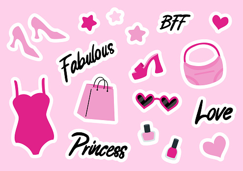 Set of cute trendy girlish pink stickers in barbiecore style. Pink bag, swimsuit, shoes, sunglasses and nail polish. Lettering fabulous, princess, bff, love. Vector illustration