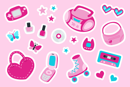 90s 00s pink set of classic elements in modern flat cartoon style. Girly stickers in barbiecore style. .Vector illustration