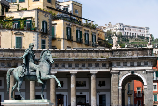 Rome, Italy - October 10, 2020: Dioscour Fountain (Fontana dei Dioscuri) in Piazza del Quirinale and building of Constitutional Court of Italy