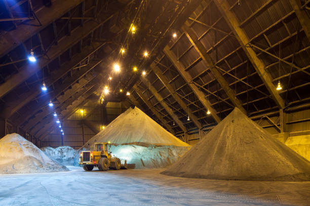 Mechanical shovel arranging copper concentrate stock pile.