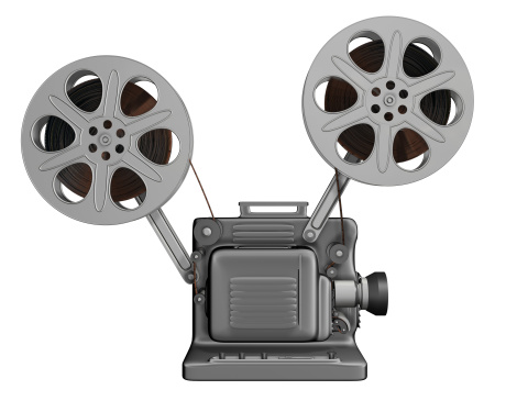 Movie projector 3D model seen from the side. Modeled detailed and intricate for over 2 days work. White background for easy color range selection.