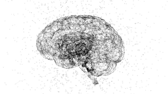 Artificial intelligence concept dots and polygons forming a human brain. Science and technology background.