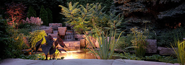 le jardin, de nuit - fountain water stone falling water photos et images de collection