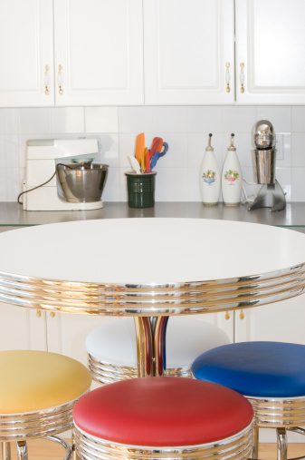 A retro chrome kitchen table set and stools.  Click to view similar images.