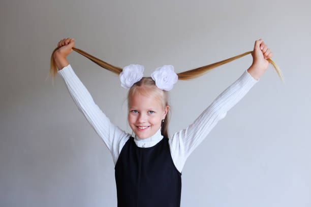 little school girl glad return school wear casual