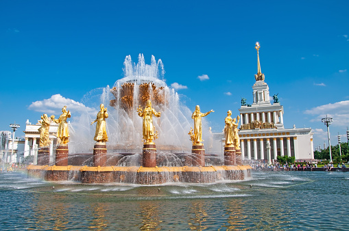 Moscow, Russia - July 17 , 2023: Fountain of Friendship of Peoples at the All-Russian Exhibition Center