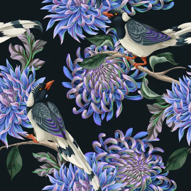 Vector illustration of Seamless pattern with chrysanthemums and birds. Vector.