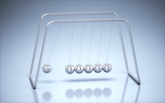 3d Render Perpetual Motion Machine, NNewton spheres, Depth of Field, close-up