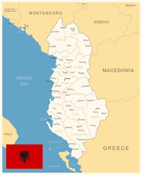 Vector illustration of Albania - detailed map with administrative divisions and country flag.