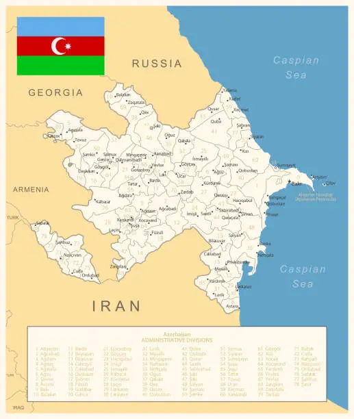 Vector illustration of Azerbaijan - detailed map with administrative divisions and country flag.