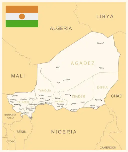Vector illustration of Niger - detailed map with administrative divisions and country flag.