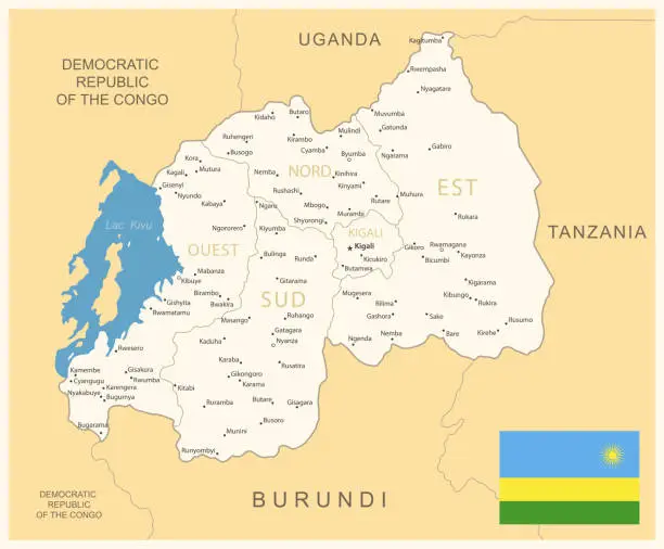 Vector illustration of Rwanda - detailed map with administrative divisions and country flag.