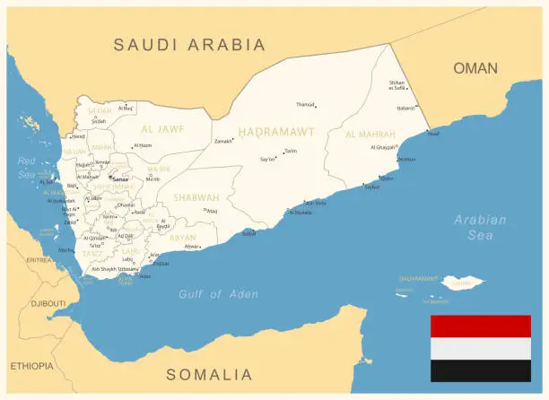 Vector illustration of Yemen - detailed map with administrative divisions and country flag.