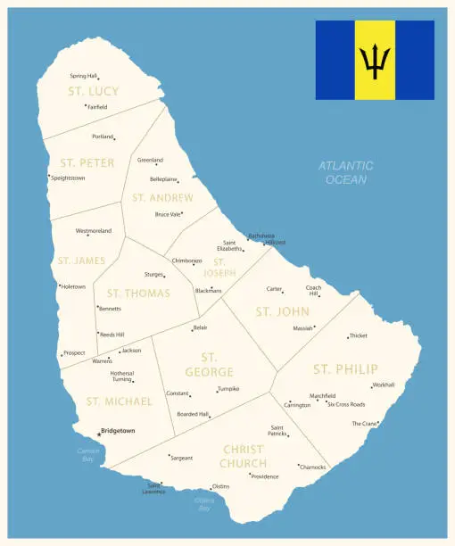 Vector illustration of Barbados - detailed map with administrative divisions and country flag.