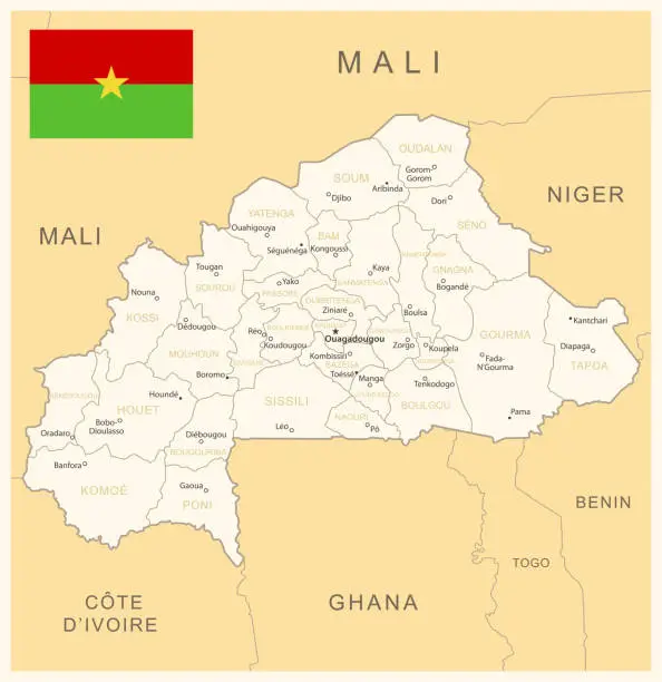Vector illustration of Burkina Faso - detailed map with administrative divisions and country flag.