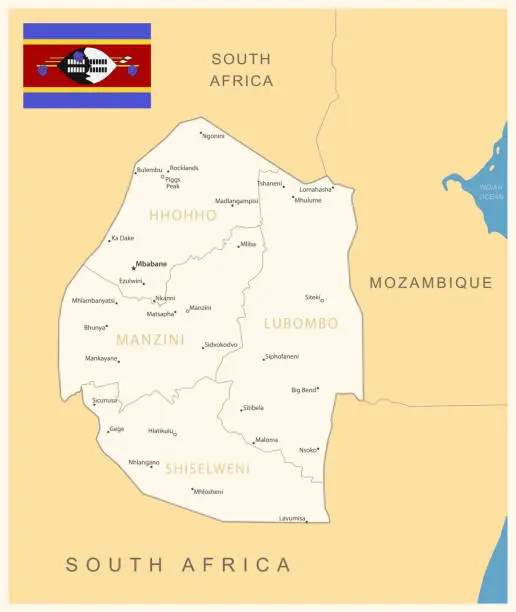 Vector illustration of Eswatini - detailed map with administrative divisions and country flag.