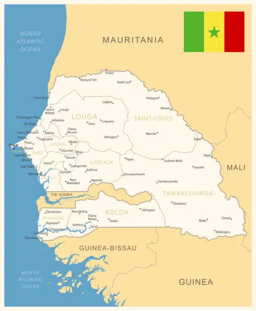 Vector illustration of Senegal - detailed map with administrative divisions and country flag.