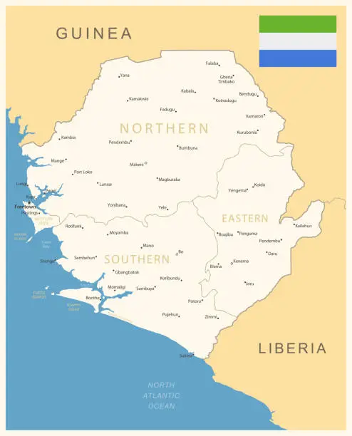 Vector illustration of Sierra Leone - detailed map with administrative divisions and country flag.