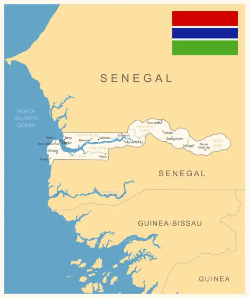 Vector illustration of Gambia - detailed map with administrative divisions and country flag.