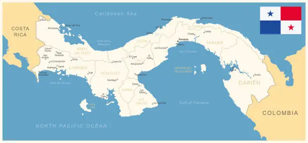 Vector illustration of Panama - detailed map with administrative divisions and country flag.