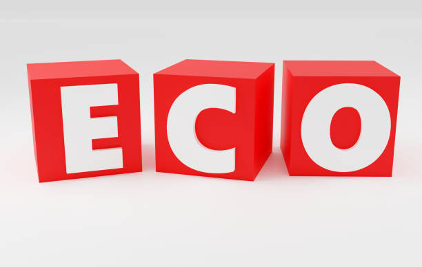 istock 3d alphabet letters shape made of red cubes on grey background, 3d render, sign ECO 1574529458