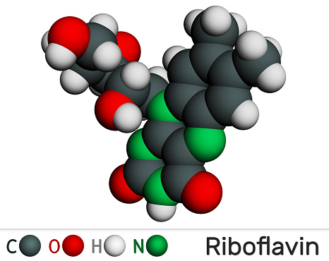 Riboflavin, vitamin B2 molecule. It is water-soluble flavin, is found in food, used as a dietary supplement E101. Molecular model. 3D rendering.