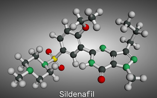 Sildenafil molecule. It is drug for the treatment of erectile dysfunction. Molecular model. 3D rendering. Illustration