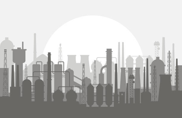 Industrial Abstract Skyline Silhouette Panorama - Vector Backgrounds Pattern Complex Illustration of Factory Buildings, Pipes, Tanks for Metallurgical, Chemical, Oil Industry pipe silhouettes stock illustrations