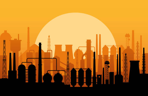 Industrial Abstract Skyline Silhouette Panorama - Vector Backgrounds Pattern Complex Illustration of Factory Buildings, Pipes, Tanks for Metallurgical, Chemical, Oil Industry pipe silhouettes stock illustrations