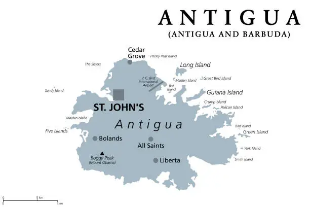 Vector illustration of Antigua, Caribbean island of the Lesser Antilles, gray political map