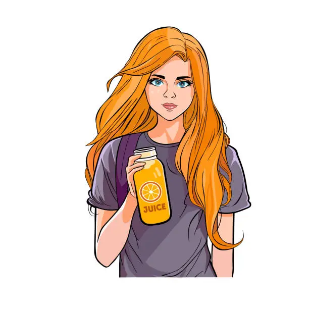 Vector illustration of Girl holding juice in a glass bottle. smiling face with happy eyes.