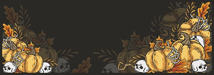 Halloween background with pumpkins, skulls and bones for scary poster. Season banner with skeleton hands and autumn leaves for dark fear october design