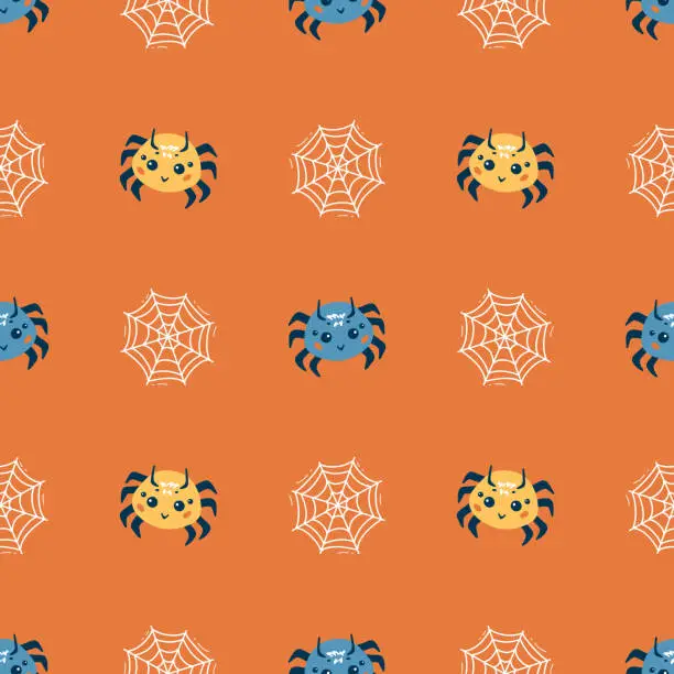 Vector illustration of Halloween Seamless pattern. Cute Spider and Spider Web.