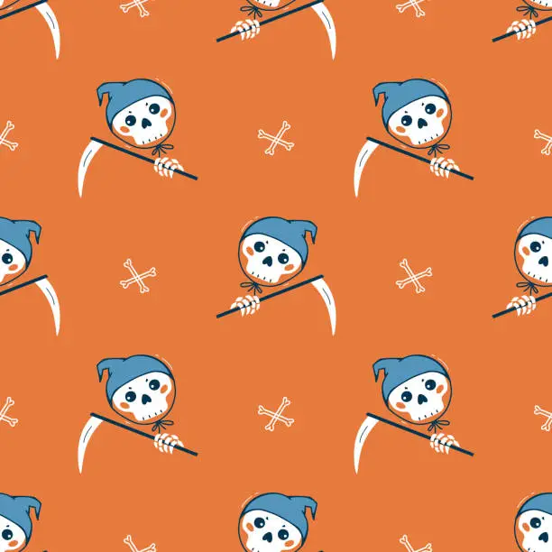 Vector illustration of Halloween Seamless Pattern with Scull and Bones. Grim Reaper Character Vector illustration