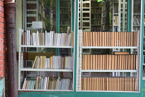 library shelves with books in the window