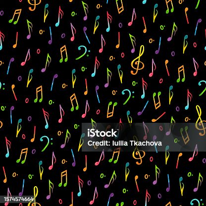 istock Seamless pattern of watercolor isolated illustrations of notes, treble clef, bass clef in rainbow colors on a black background 1574574664