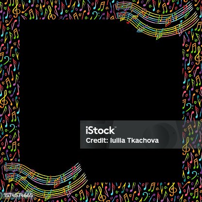 istock A frame of watercolor isolated illustrations of notes, treble clef, bass clef and melody in rainbow colors on a black background 1574574665