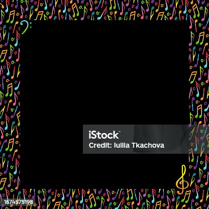 istock A frame of watercolor isolated illustrations of notes, treble clef, bass clef in rainbow colors on a black background 1574575198
