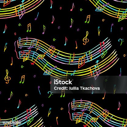 istock Seamless pattern of watercolor isolated illustrations of notes, treble clef, bass clef and melody done in rainbow colors on a black background 1574575200