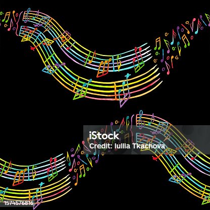 istock Seamless pattern in the form of a wave of watercolor isolated illustrations of notes, treble clef, bass clef and melody made in rainbow colors on a black background 1574576816