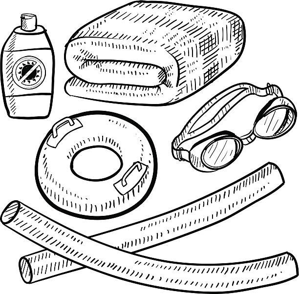 Beach or pool side objects sketch Doodle style beach vacation or poolside items in vector format. Set includes towel, goggles, inner tube, floaties, suntan lotion. EPS10 file format with no transparency effects. swimming drawings stock illustrations