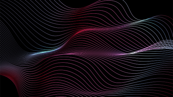 Dynamic blue particle wave line on dark blue abstract background. Abstract sound visualization. Digital structure of the wave flow of luminous particles.