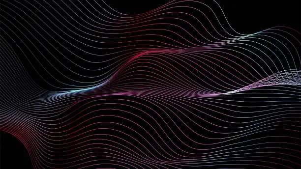 Vector illustration of Dynamic blue particle wave line on dark blue abstract background. Abstract sound visualization. Digital structure of the wave flow of luminous particles.